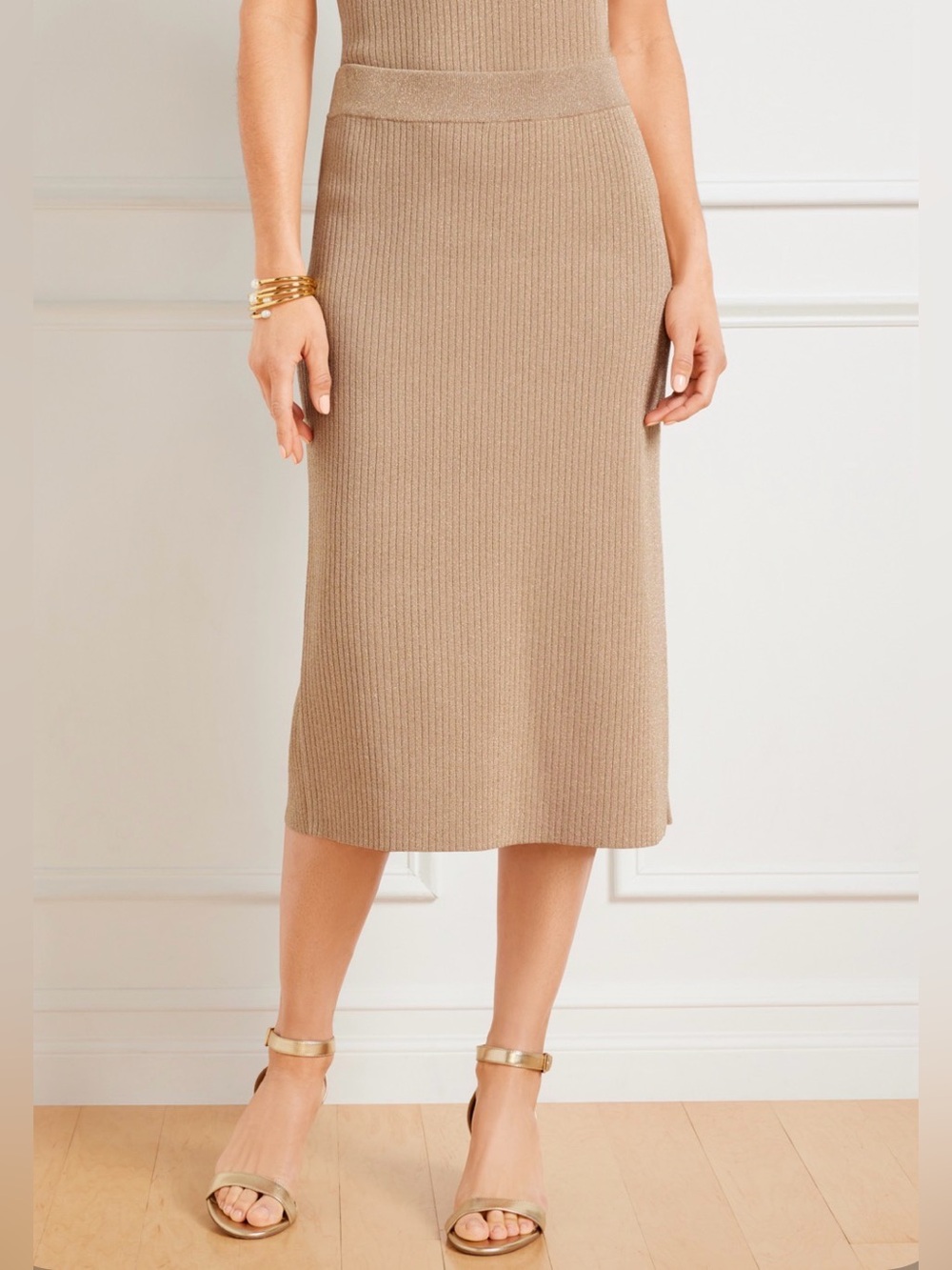 Talbots Metallic Ribbed Sweater Knit Midi Skirt NWT Office Work Preppy Glam Mod